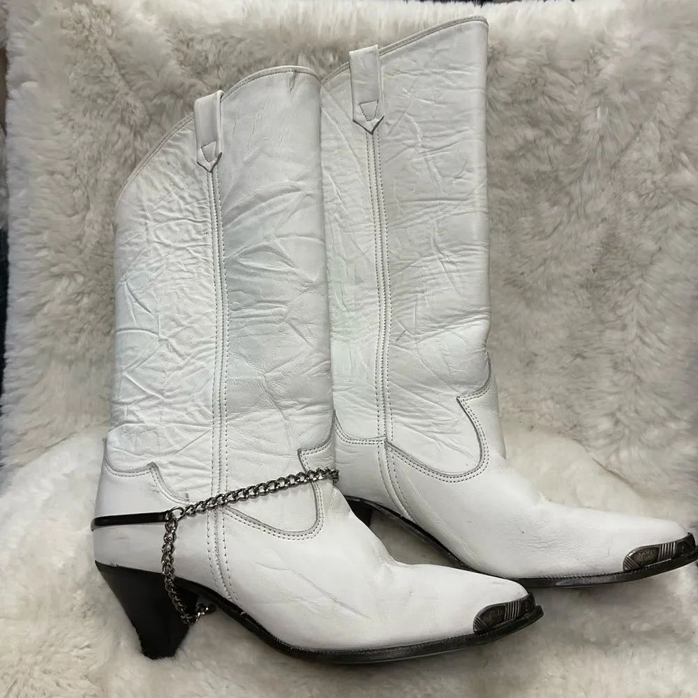 Rodeo Drive White Leather Western Chain Heeled Boots Size 8m — image 5 of 8